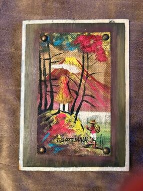 vintage collectible folk art painting on burlap, likely from Guatemala 1975
